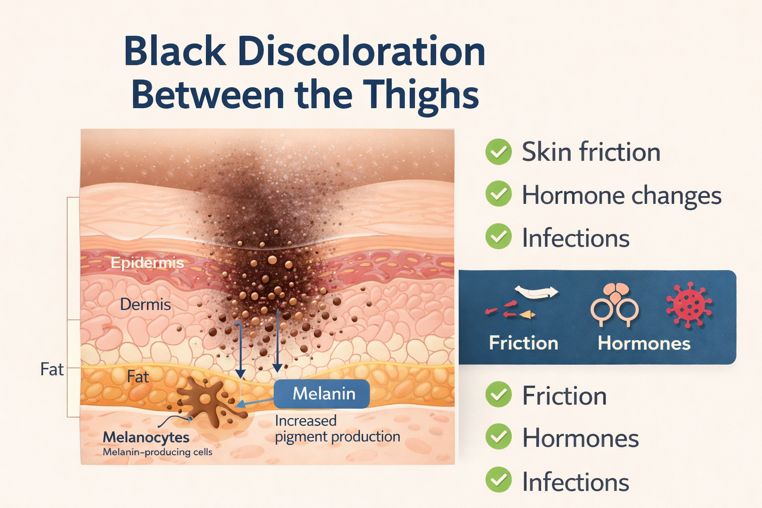 black discoloration between thighs causes and treatment