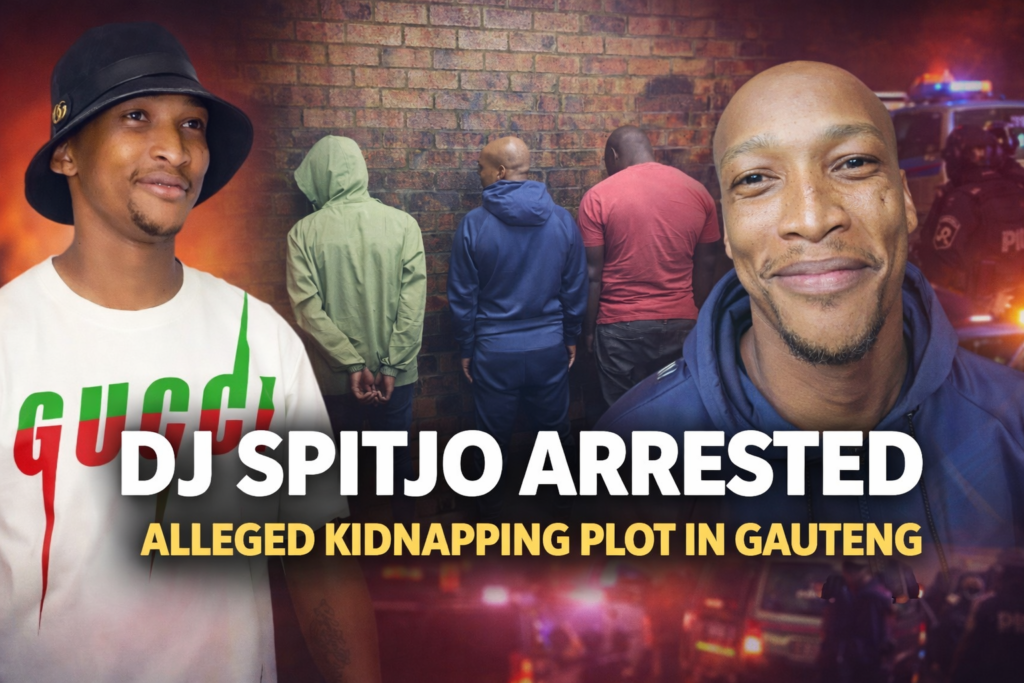 DJ Spitjo Arrested in Gauteng Kidnapping Plot DJ Spitjo arrested in Gauteng linked to alleged kidnapping plot with police suspects in background