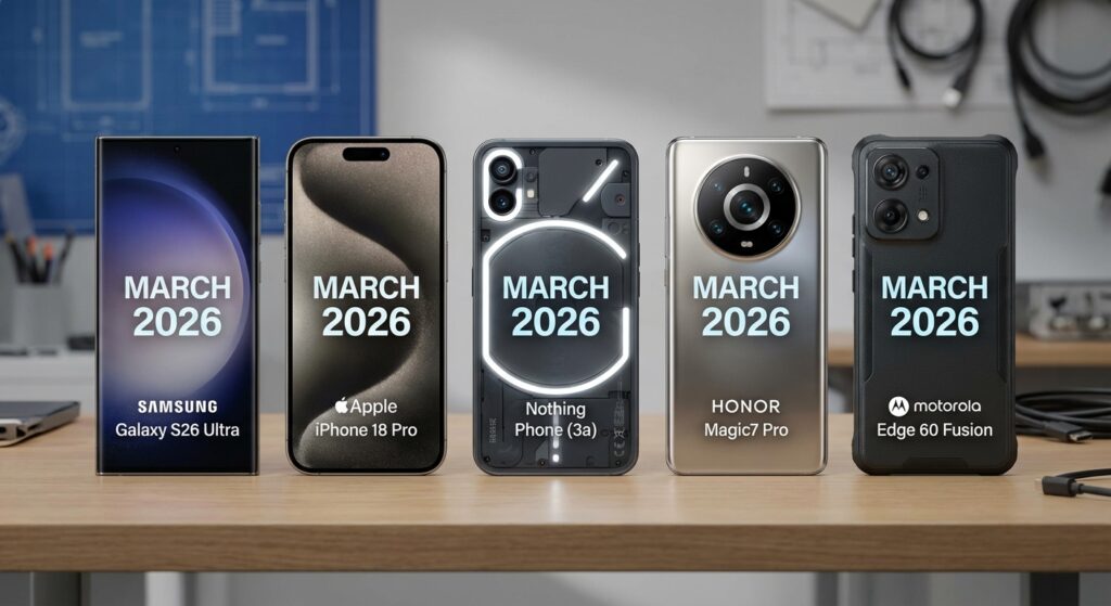 Collage of top 5 smartphones releasing in March 2026: Samsung Galaxy S26 Ultra, iPhone 17e, Nothing Phone 4a, Honor Magic V6, and Motorola Edge 70 Fusion