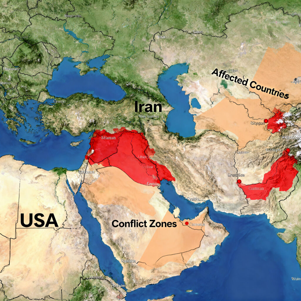 Map showing Iran and USA conflict zones and affected countries in 2026